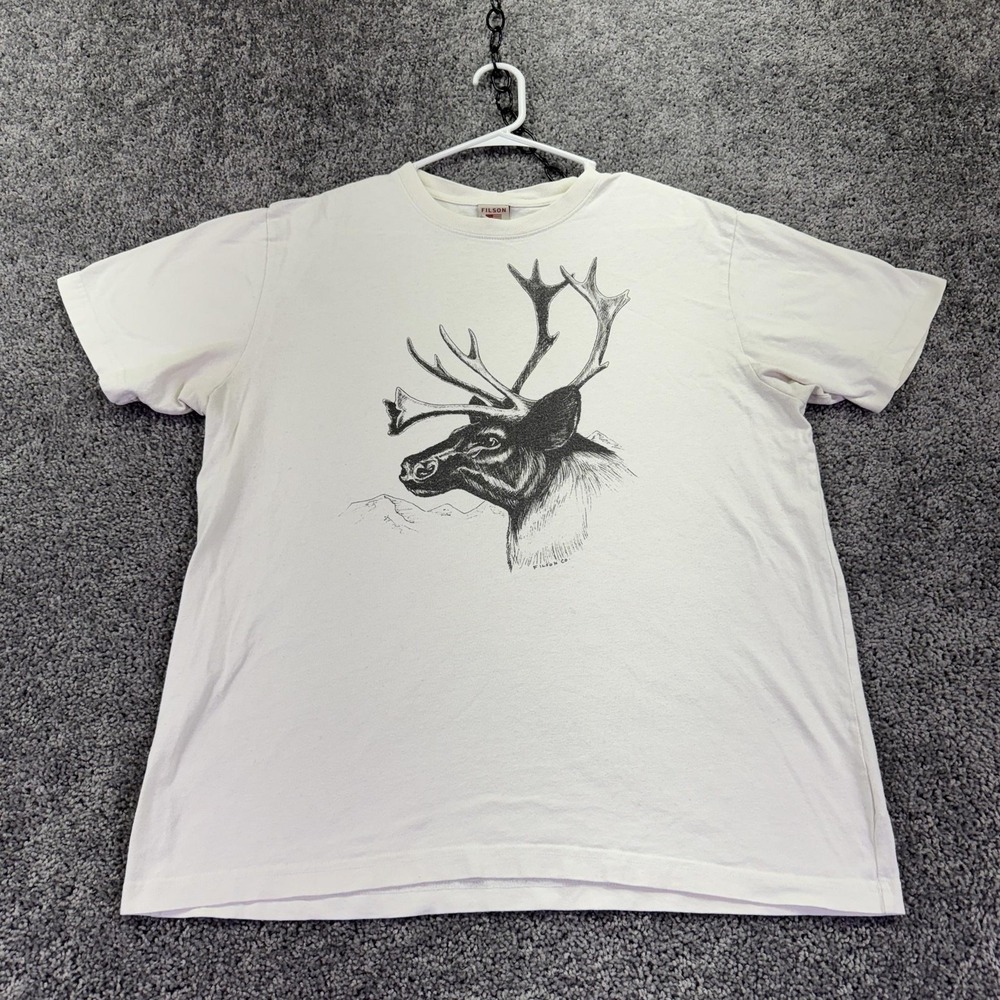Filson Shirt Mens Large White Deer Antlers Graphic Tee Made In USA Wildlife
